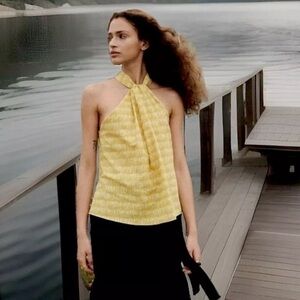 Nwt Zara Sleeveless Halter Swing Top Yellow Geometric Keyhole Back Linen Cotton